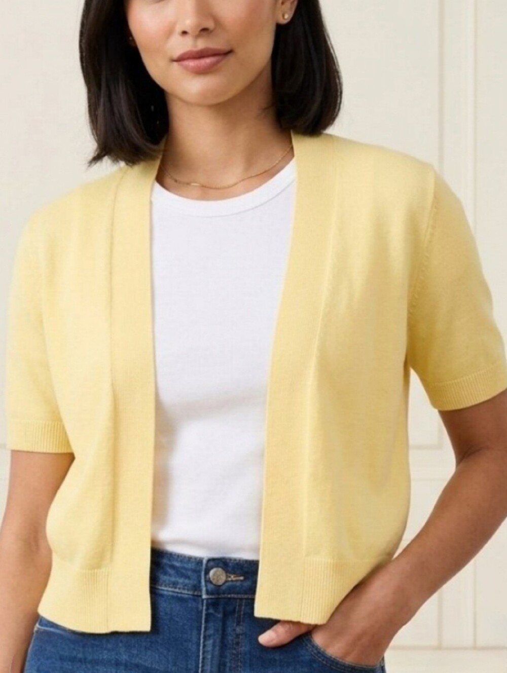 Bolero Cardigan light yellow short-sleeve open-front SZ Lg